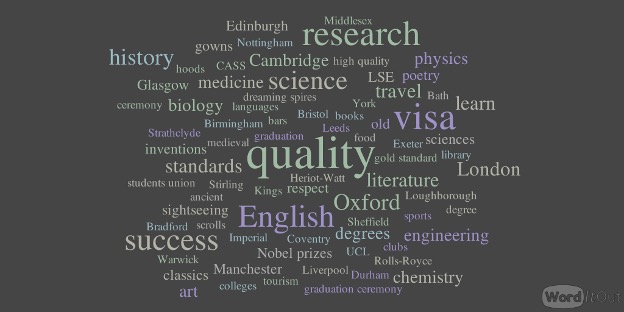 Word cloud of words used to describe British universities. Summary follows in text. 